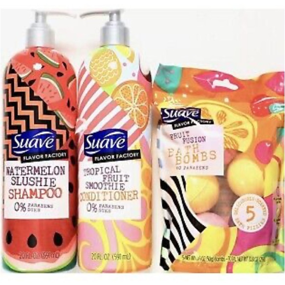 Suave Flavor Factory Watermelon Shampoo, Tropical Fruit Conditioner & Bath Bombs